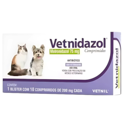Antimicrobiano Vetnidazol 75mg Vetnil para Cães e Gatos - 10 comprimidos Antimicrobiano Vetnidazol 75mg Vetnil para Cães e Gatos - 10 comprimidos