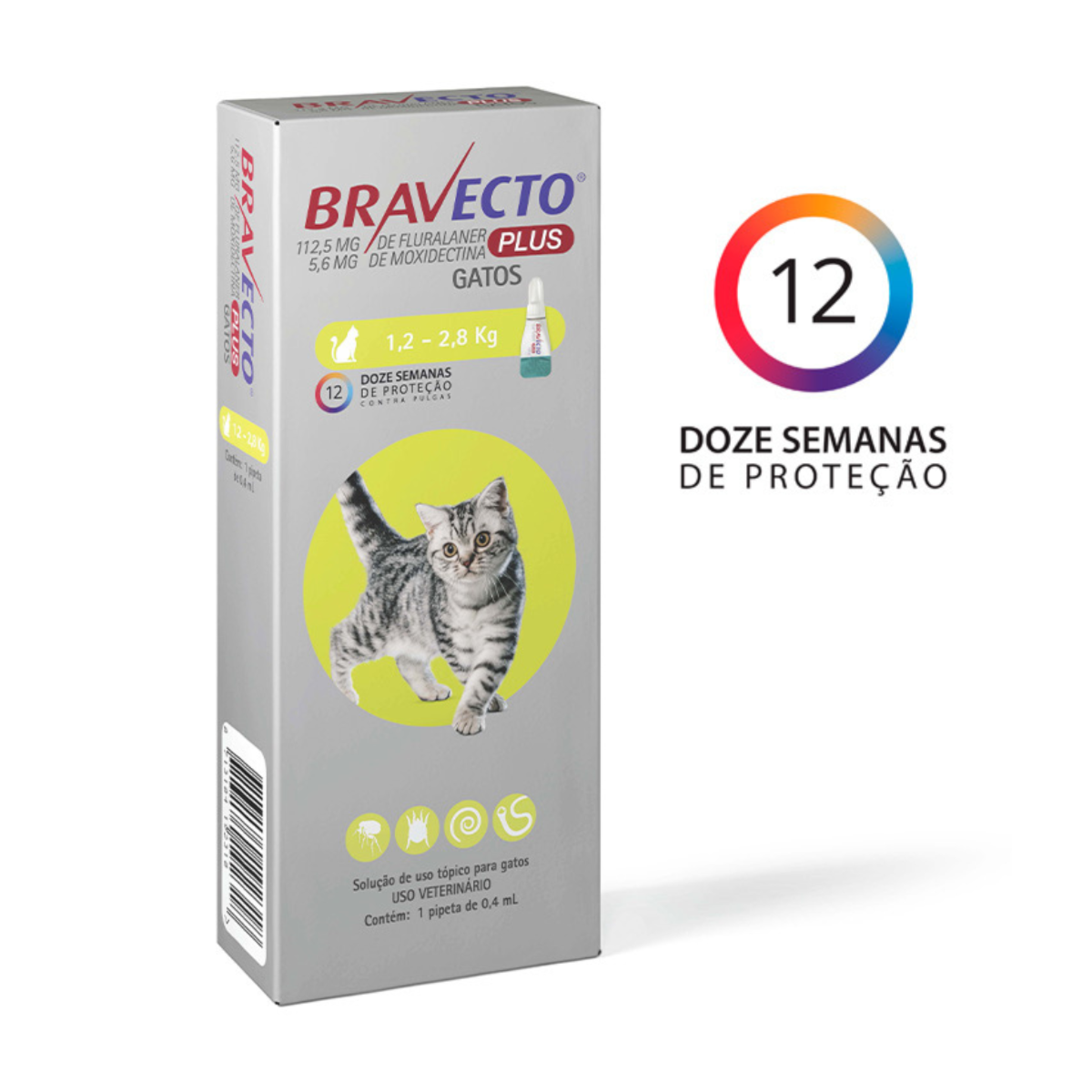 Antipulgas e Carrapatos Bravecto Plus para Gatos 112,5mg - 1,2 A 2,8Kg