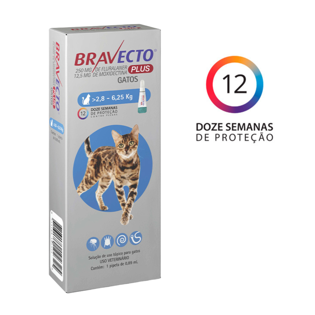 Antipulgas e Carrapatos Bravecto Plus para Gatos 250Mg - 2,8 a 6,25Kg