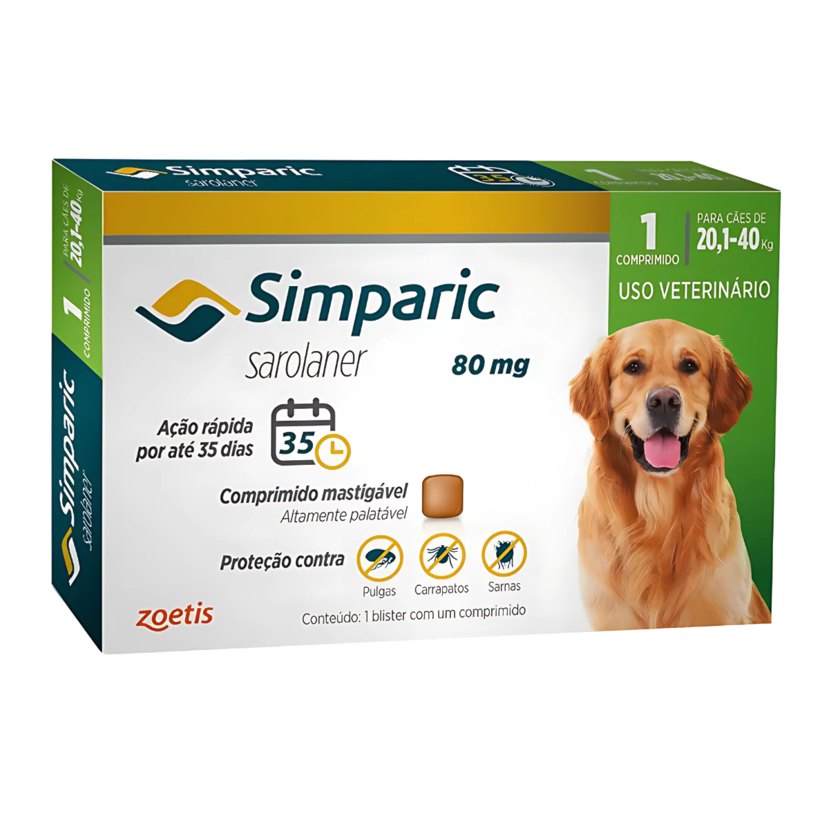 Antipulgas Simparic 20 a 40kg Cães 80mg 1 comprimido