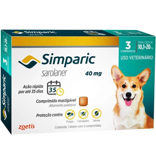 Antipulgas Simparic 40 mg para Cães 10,1 a 20 Kg
