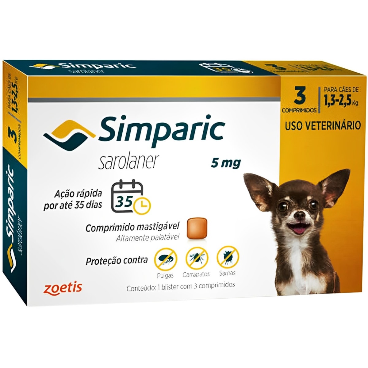 Antipulgas Simparic 5 mg para Cães 1,3 a 2,5 Kg