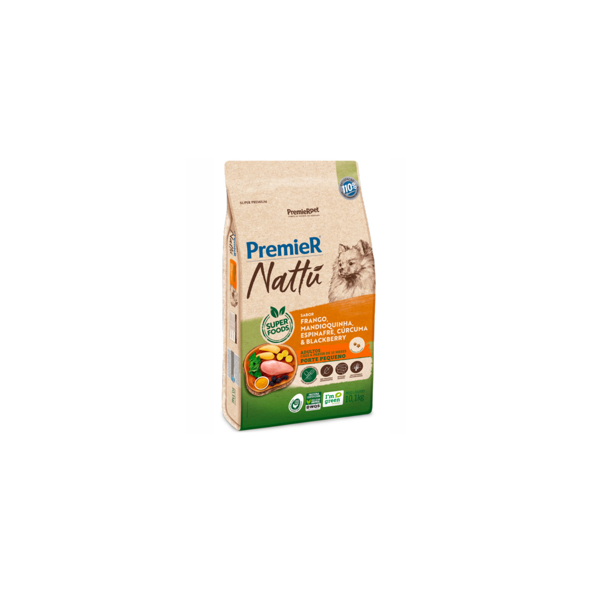 Premier Nattu Ração Seca para Cães Adultos Porte Pequeno Sabor Frango, Mandioquinha, Espinafre, Cúrcuma e Mirtilo 10kg