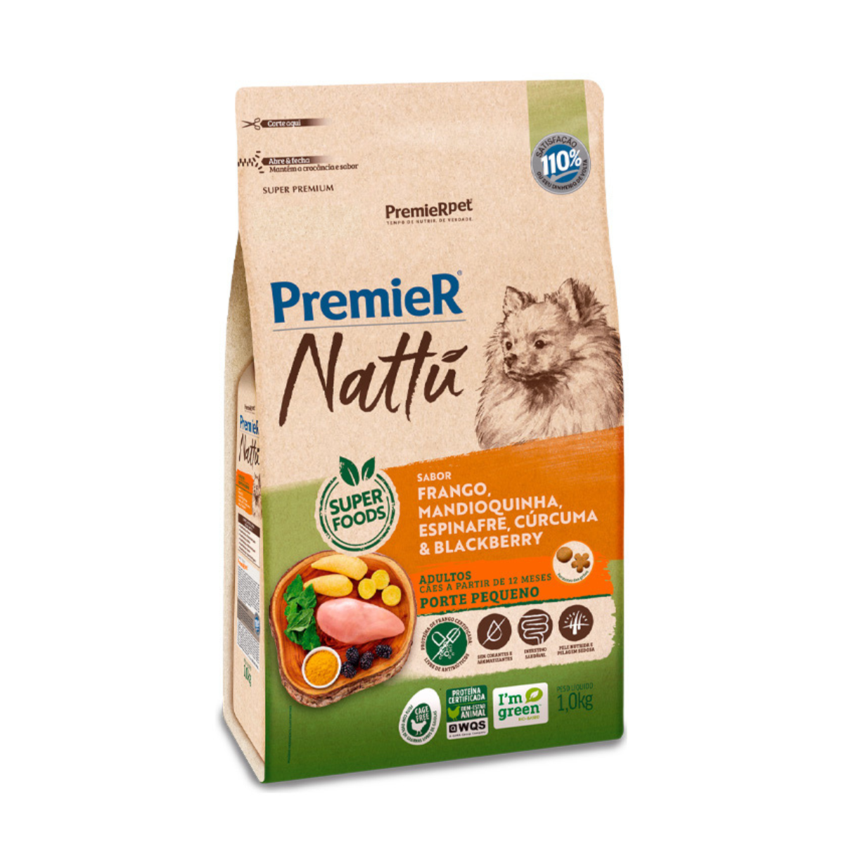 PremieR Pet Nattu Ração Seca para Cães Adultos Porte Pequeno Sabor Frango, Mandioquinha, Espinafre, Cúrcuma e Mirtilo 1k