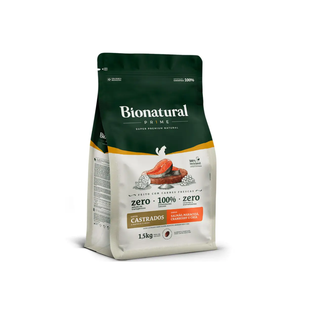 Ração Bionatural Prime Para Gatos Adultos Castrados Sabor Salmão 1,5Kg