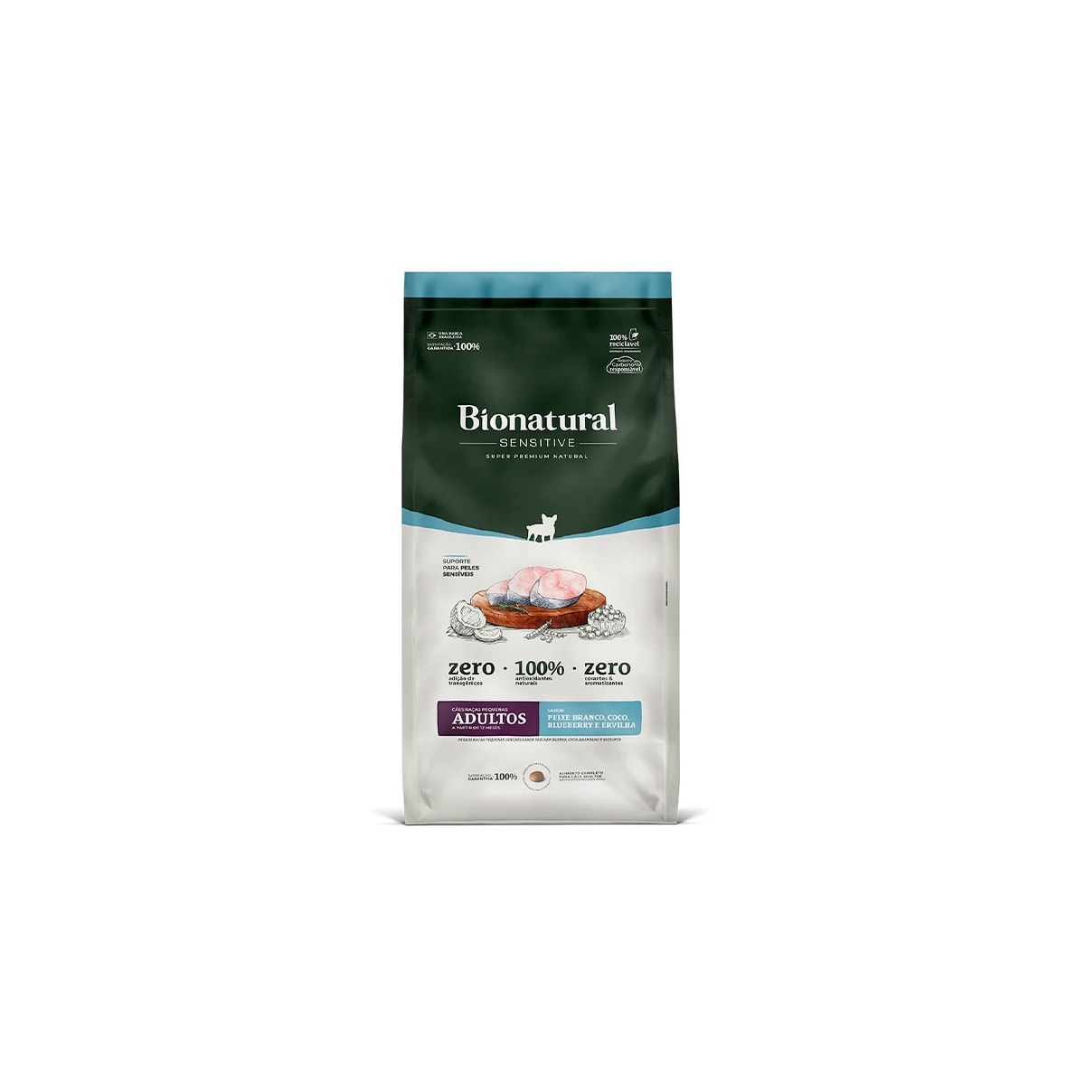 Ração Bionatural Sensitive para Cães Adultos de Raças Pequenas Sabor Peixe Branco, Coco, Blueberry e Ervilha 10,1kg
