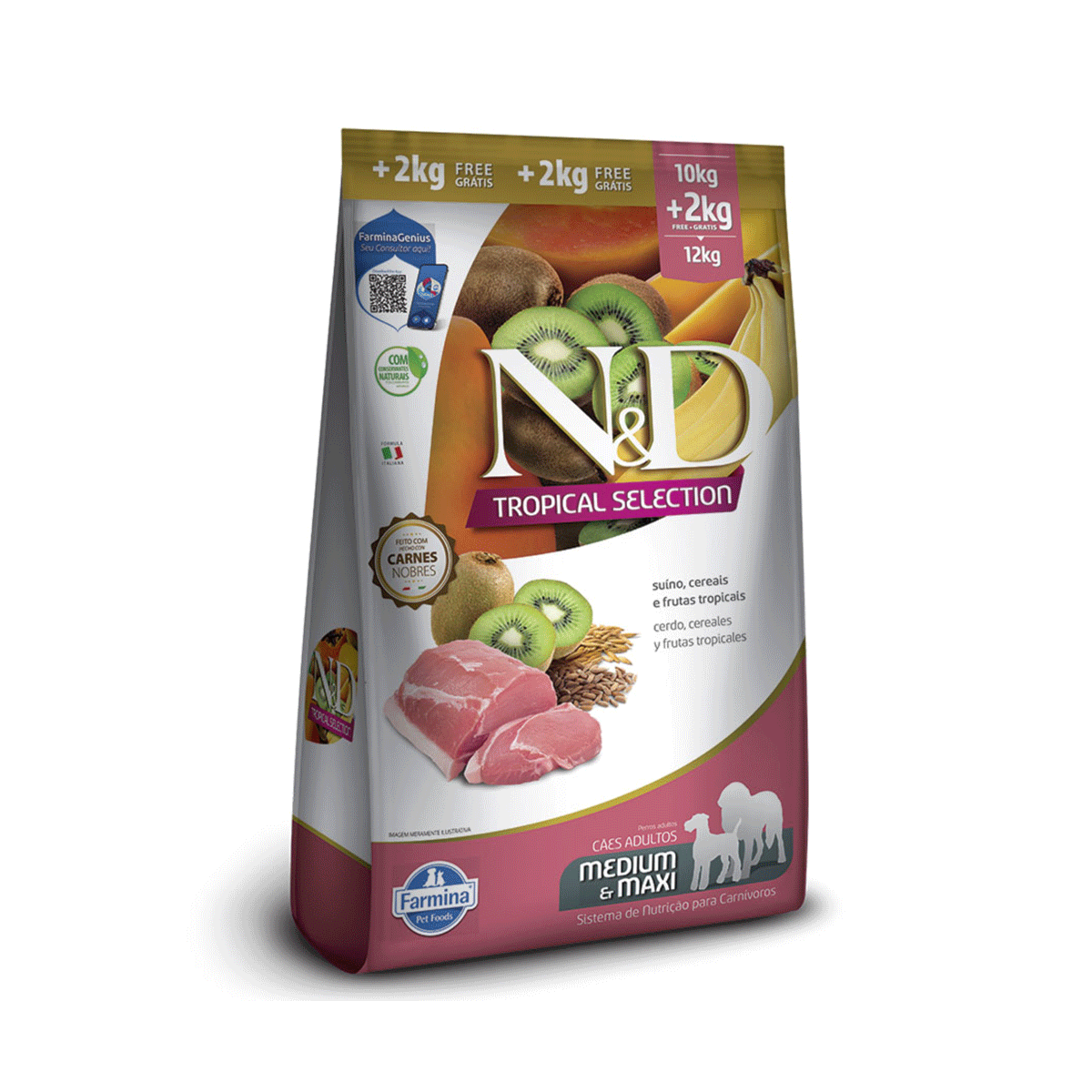 Ração FarminaN&D Tropical Selection para Cães Adultos Médio Grande Suíno, Cereais e Frutas Tropicais 10kg+2kg