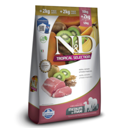 Ração FarminaN&D Tropical Selection para Cães Adultos Médio Grande Suíno, Cereais e Frutas Tropicais 10kg+2kg