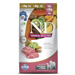Ração FarminaN&D Tropical Selection para Cães Adultos Médio Grande Suíno, Cereais e Frutas Tropicais 10kg+2kg