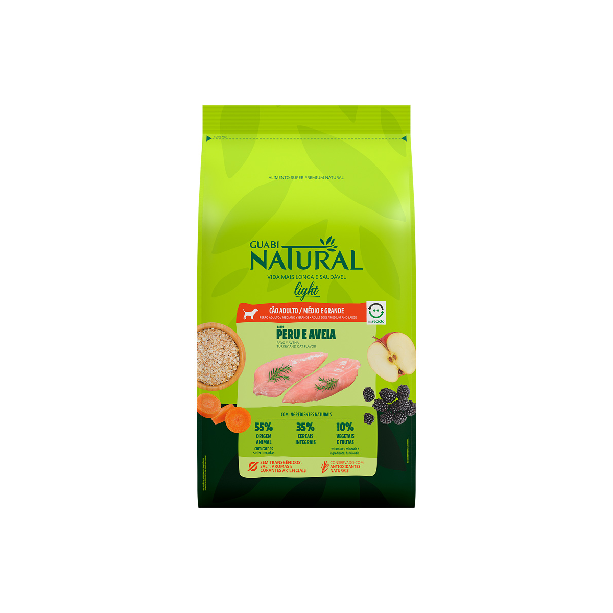 RAÇÃO NATURAL GUABI CAES MED GRANDE LIGHT PERU/AVE 12KG