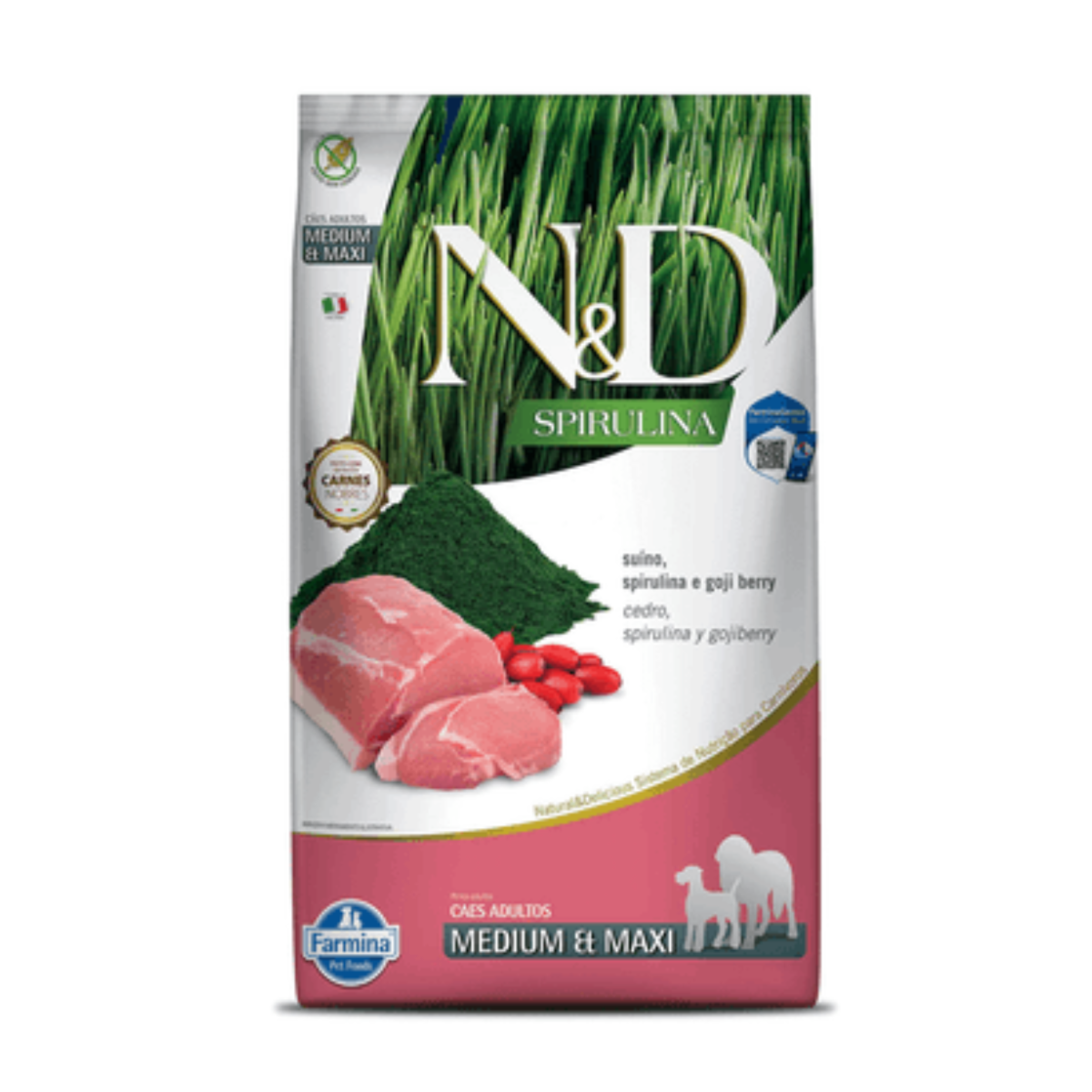 Ração N&D Spirulina para Cães Adultos de Raça Medio e Grande Sabor Suino 10,1KG