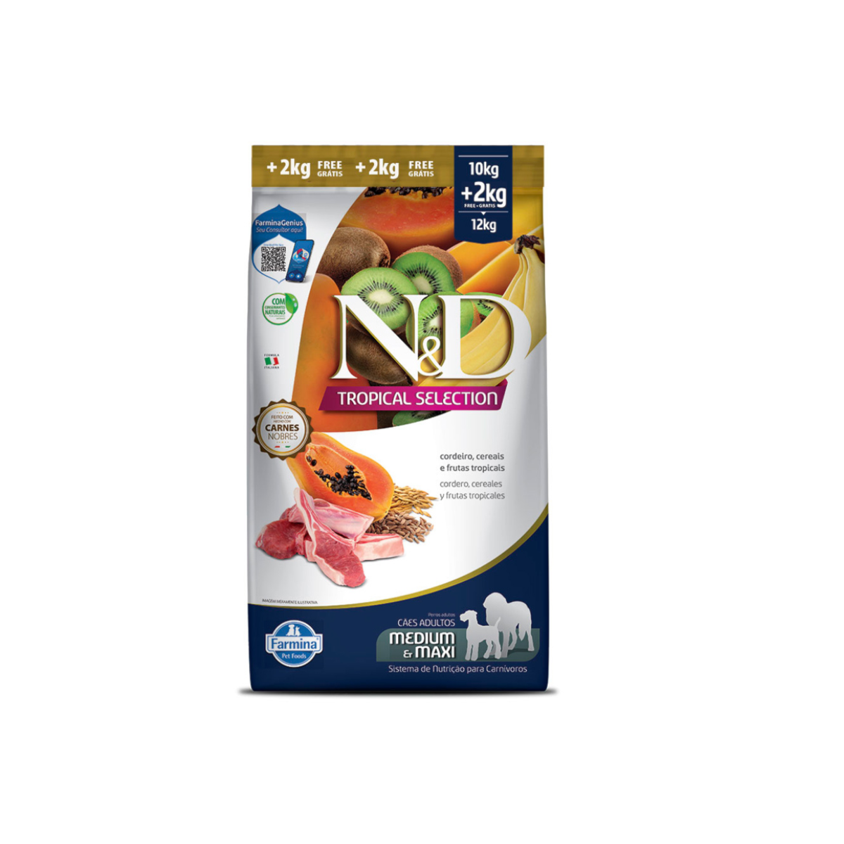 Ração N&D Tropical Selection para Cães Adultos de Porte Médio e Grande Sabor Cordeiro 10+2KG Grátis