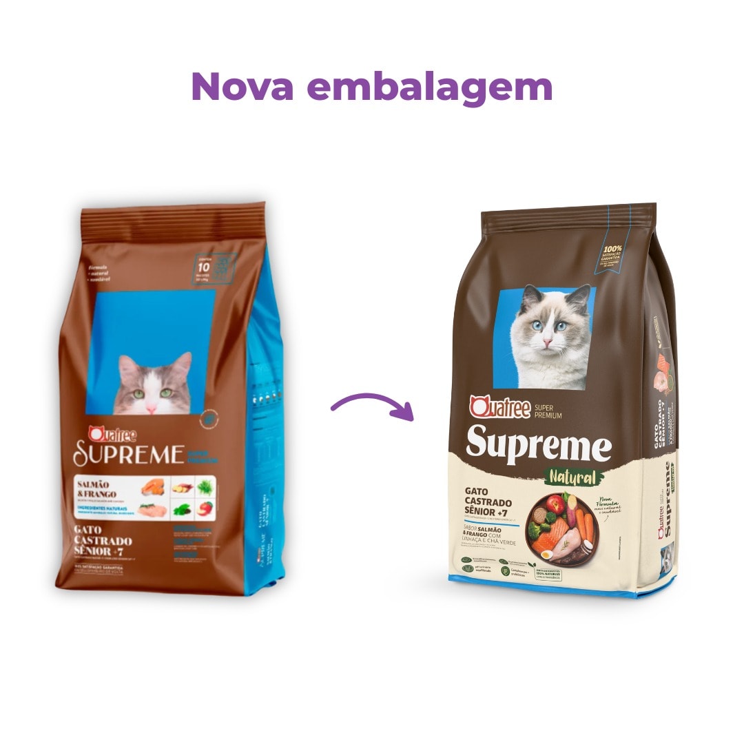 RAÇÃO QUATREE SUPREME GATOS CASTRADO SENIOR +7 500G - Pet Cães e Cia