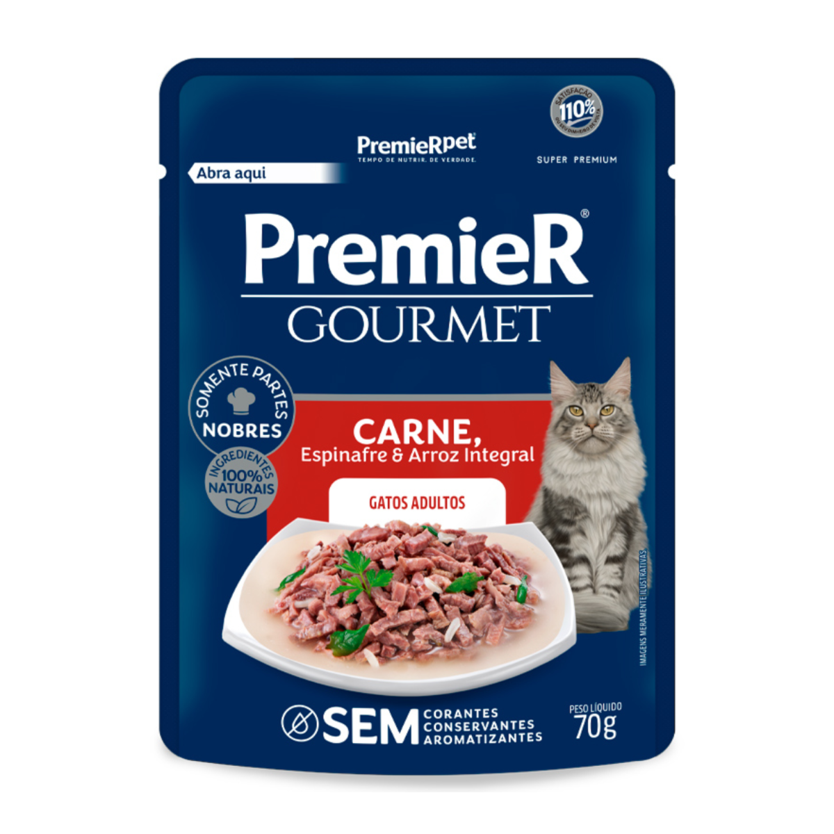 Ração Úmida Premier Gourmet para Gatos Adultos Sabor Carne, Espinafre e Arroz Integral 70 g