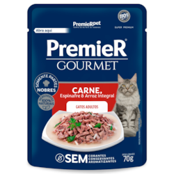 Ração Úmida Premier Gourmet para Gatos Adultos Sabor Carne, Espinafre e Arroz Integral 70 g