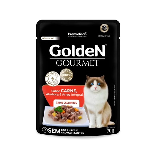 Ração Úmida Sachê Golden Gourmet para Gatos Castrados Sabor Carne 70g