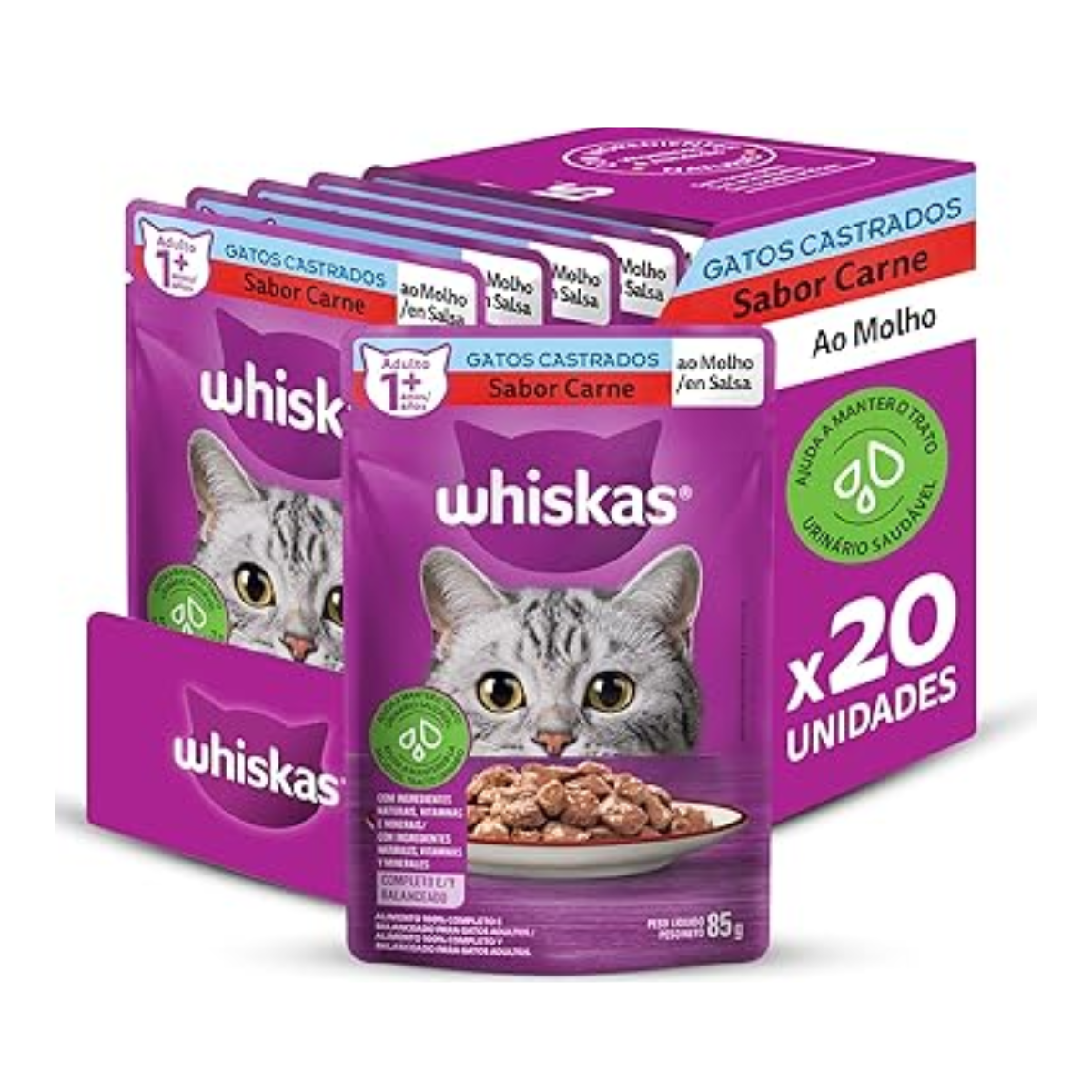 Ração Úmida Whiskas Sachê Gatos Adultos Castrados Carne ao Molho 85g - Caixa com 20 Unidades