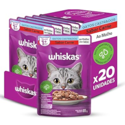 Ração Úmida Whiskas Sachê Gatos Adultos Castrados Carne ao Molho 85g - Caixa com 20 Unidades