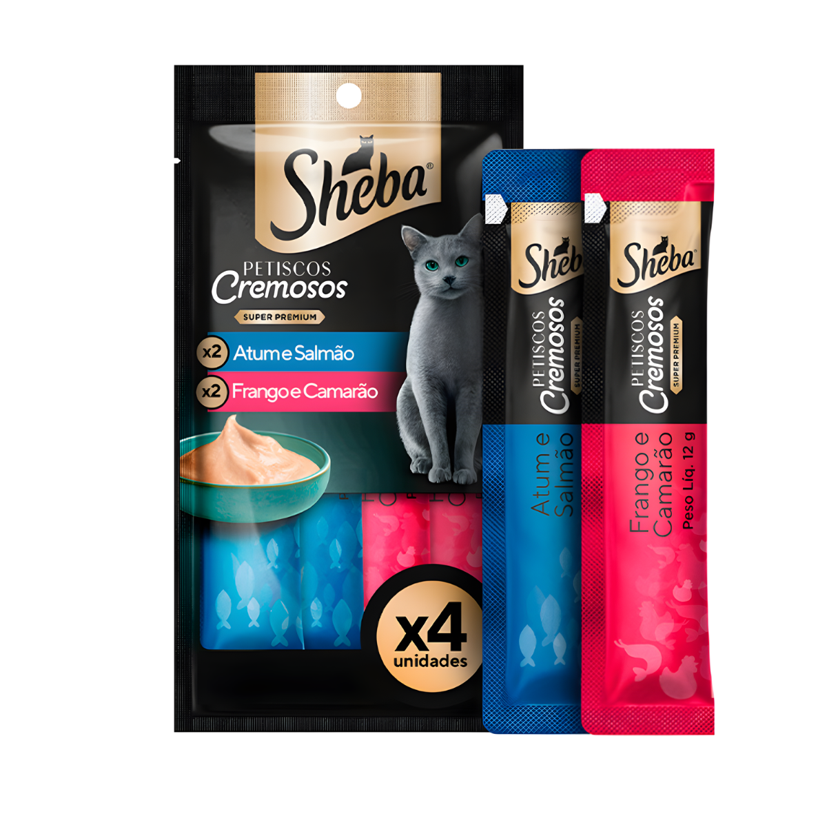 Snack Sheba Cremoso Atum e Salmão / Frango e Camarão 48g c/ 4 Sachê